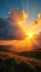 Fototapeta premium Golden hour sunlight streams through gaps in fluffy clouds, illuminating a landscape with warm, vibrant rays Perfect for nature, weather, and energy themes , scenic, meteorological, sky