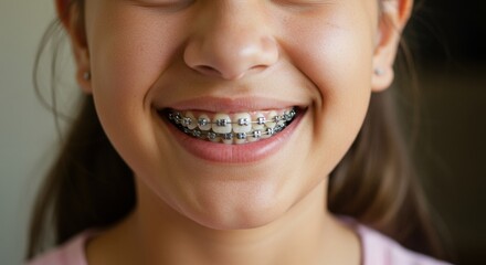 Smiling girl with braces in indoor setting portrait natural lighting joyful expression