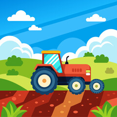 Bright red cartoon tractor plowing a field vector illustration for agriculture and farming