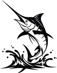 Jumping marlin swordfish vector illustration in black and white with water splash