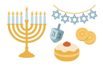 Hanukkah celebration with menorah, dreidel, and traditional food items displayed on a festive table