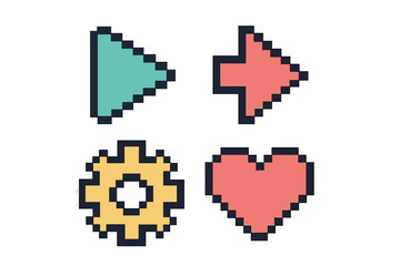 Colorful pixel art icons showcasing a play button, arrow, gear, and heart in simple design