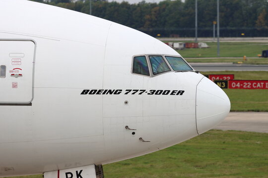 Nose/cockpit of A6-EPK, Emirates Airlines, Boeing 777-300ER, arriving at London Stansted Airport, Essex, UK on 20th September 2025