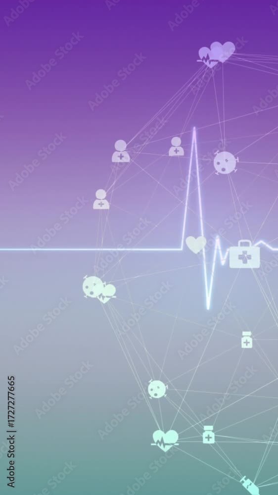 Aufkleber animation of heart rhythm and connected icons forming globe over gradient background