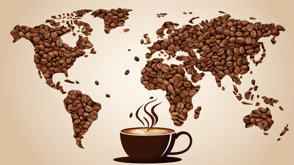 Illustration of a cup of coffee and a world map, World Coffee Day.