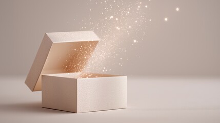 An open gift box emits glowing sparkles against a soft neutral background, creating a magical atmosphere. The imagery suggests wonder, surprise, and festive enchantment