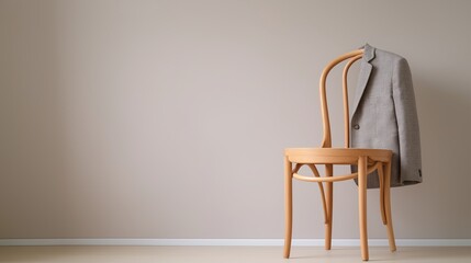 A simple wooden chair with a neatly draped jacket stands against a minimalist wall. The composition emphasizes simplicity, modern interior design and subtle elegance
