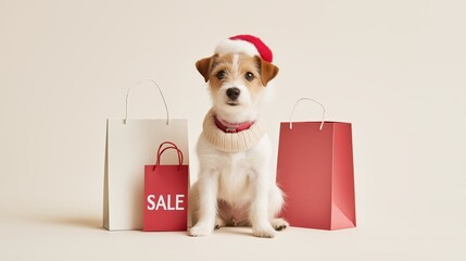 A cute small dog wearing a Santa hat and sweater sits between red and white shopping bags with a sale tag. The festive setup is perfect for Christmas promotions, holiday retail campaigns and pet-theme