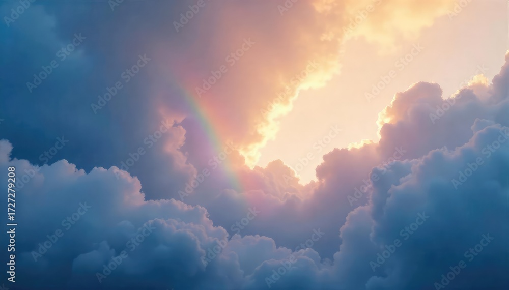 Wall mural subtle rainbow arc barely visible through a thick layer of clouds, ethereal and soft light filtering