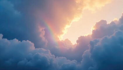 Subtle rainbow arc barely visible through a thick layer of clouds, ethereal and soft light filtering through, creating a mystical atmosphere , white, picturesque, overcast