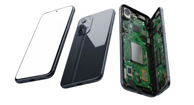 Two sleek dark grey phones, one sliced open revealing vibrant green PCBs and micro-circuits. Macro product shot with dramatic high-key lighting, concept of modern technology