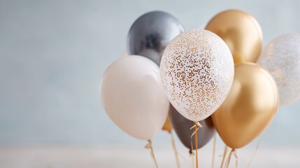 Luxury balloons in black, gold, white, and silver with sparkling detail float together, symbolizing festivity and celebration. The sophisticated color palette highlights elegance and premium event