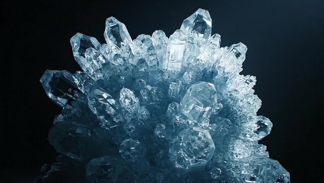 Glistening Blue Crystal Formation Shimmers with Intricate Facets Against Dark Background, Highlighting Scientific Purity and Growth