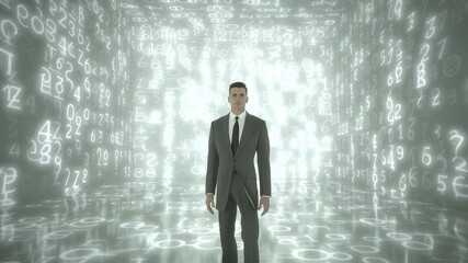 businessman in suit standing in front of glowing futuristic amidst numbers and symbols, business and economics, corporate office background - Powered by Adobe