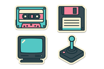 Retro technology icons including cassette tape, floppy disk, computer monitor, and joystick displayed together