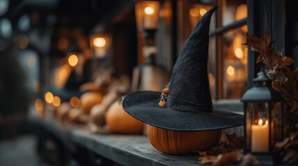 A witch hat placed on a pumpkin sits on a rustic wooden porch surrounded by lanterns, leaves, and warm autumn lights. The festive Halloween scene conveys mystery, tradition, and seasonal celebration
