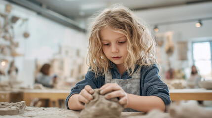 Girl creating clay art project in pottery class