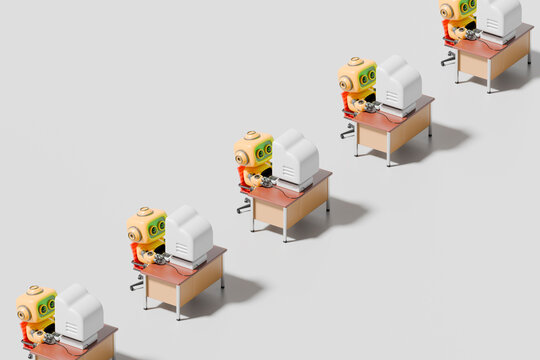 3d robots working at computers in repetitive office pattern