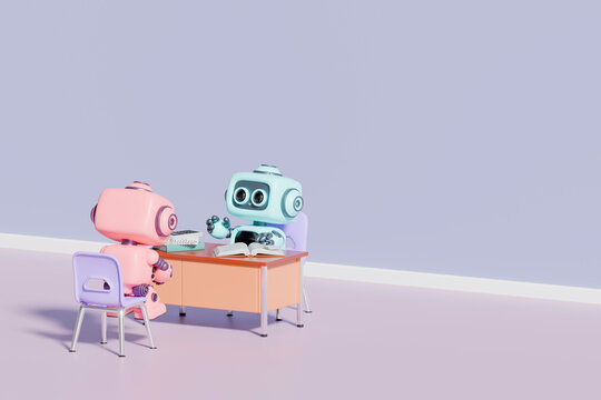 3d robots coding and working at school office desk indoors