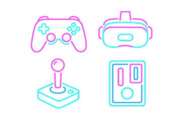 Obraz premium Colorful icons of gaming controllers and virtual reality headset showcasing modern gaming culture and technology