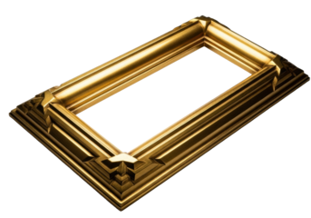 Luxurious gold Art Deco frame, intricate geometric patterns, sharp edges, dramatic reflections, isolated on transparent. Concept of elegant craftsmanship and luxury