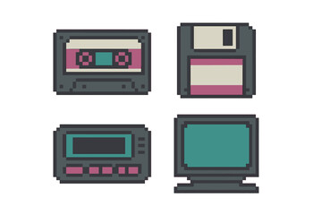 Nostalgic collection of retro technology including cassette tape, floppy disk, and vintage monitor displayed on a clean background
