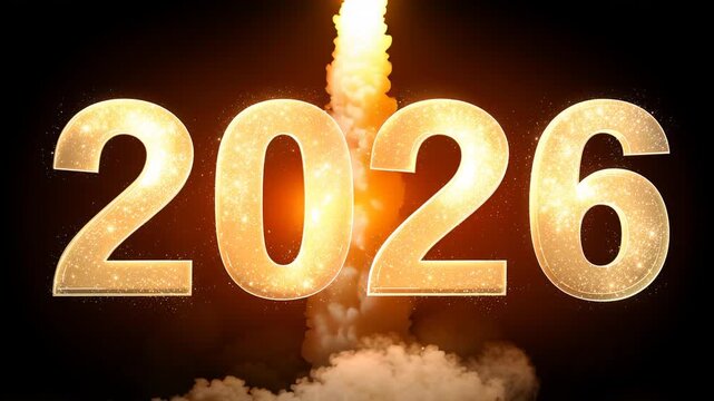 space rocket launching into the sky, glowing numbers 2026 shining in the smoke and fire behind, New Year 2026