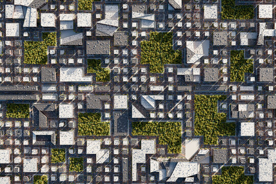 Aerial 3d drone view of city roads buildings and green spaces