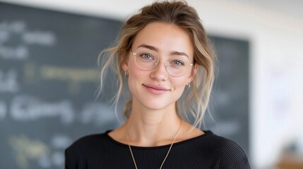 A stylish young female teacher stands confidently in a classroom, wearing round glasses and a soft smile. The academic atmosphere emphasizes education, knowledge, and professionalism with a modern
