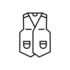 A black and white line drawing shows a vest featuring pockets and a distinctive Vneck opening