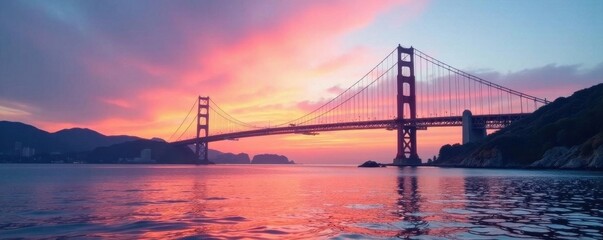 Fototapeta premium Pastel sunset hues paint sky above calm bay waters, iconic bridge silhouette , photography, iconic