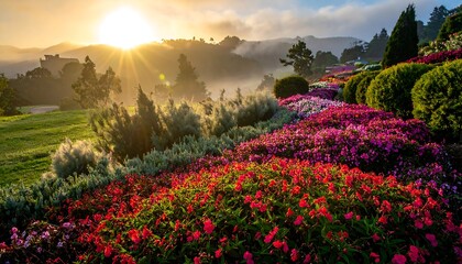 Colorful sunrise over a mountain garden