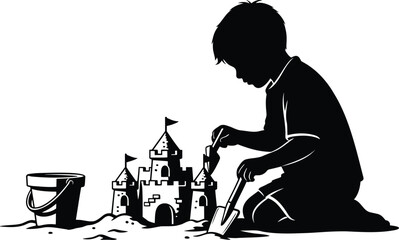 Child building sandcastle vector silhouette illustration with bucket and shovel