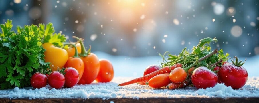 Snowy wooden backdrop, vibrant winter vegetables, falling snow, winter vegetables