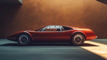 Naklejka premium Vintage concept sports car at studio with sleek futuristic wedge design, evoking 80s retro automotive vibe