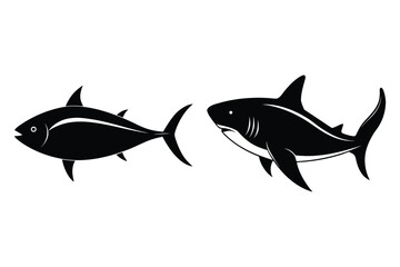 Black Silhouette Icons of Tuna and Shark on White Background fish