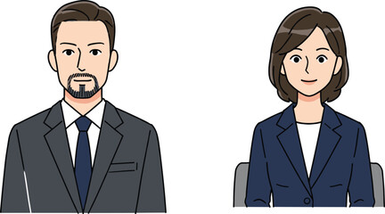 Business professionals sitting in formal attire, corporate team portrait, office meeting concept, workplace diversity, leadership and collaboration illustration