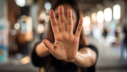 Upraised hand blocking view in soft-focus urban backdrop