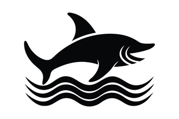 Black Silhouette of a Shark Jumping Over Waves shark, silhouette, black, white