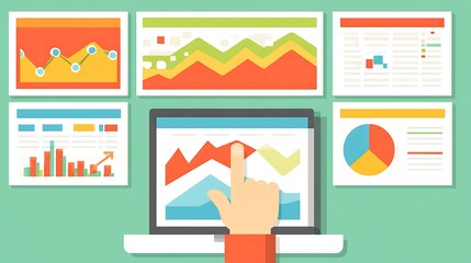 Data Analysis Laptop with Graphs and Charts in Bright Colors for Business and Financial Reports