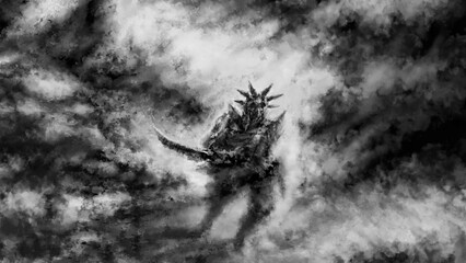 Ancient warrior prepared for battle. Devilish man in horned helmet waving sword. Lord of war. Horror fantasy illustration. Scary male silhouette. Dark character concept art. Black white background.