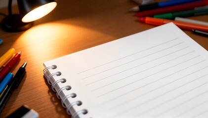 Notebook with Pen and Lamp on Wood Desk