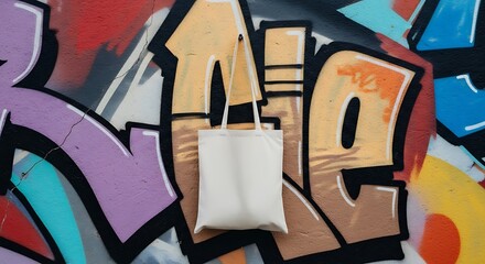 A plain white canvas tote bag hangs in front of a vibrant and colorful graffiti art mural on an urban wall