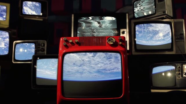 Stack of Vintage Televisions Showing Earth Rotation From ISS With Terminator Line, Elements of This Video Furnished by NASA - 4K