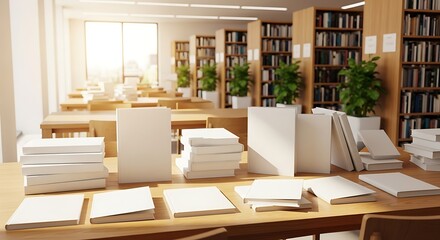 Sunlit library interior with stacks of books on tables and shelves filled with literature and plants creating a peaceful study atmosphere