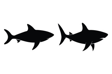 Two Black Shark Silhouettes Facing Each Other on White Background animal ocean