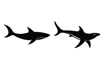 Two Black Shark Silhouettes Facing Each Other on White Background animal ocean