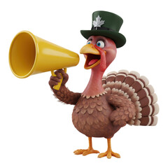 Fototapeta premium Thanksgiving turkey with green top hat announcing through yellow megaphone, 3d cartoon isolated