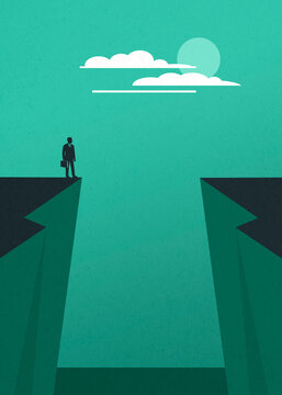 Businessman on cliff facing gap symbolizing challenge and decision