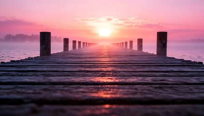 Wooden Pier with Pink Sunset Sky and Fog Over Calm Water
